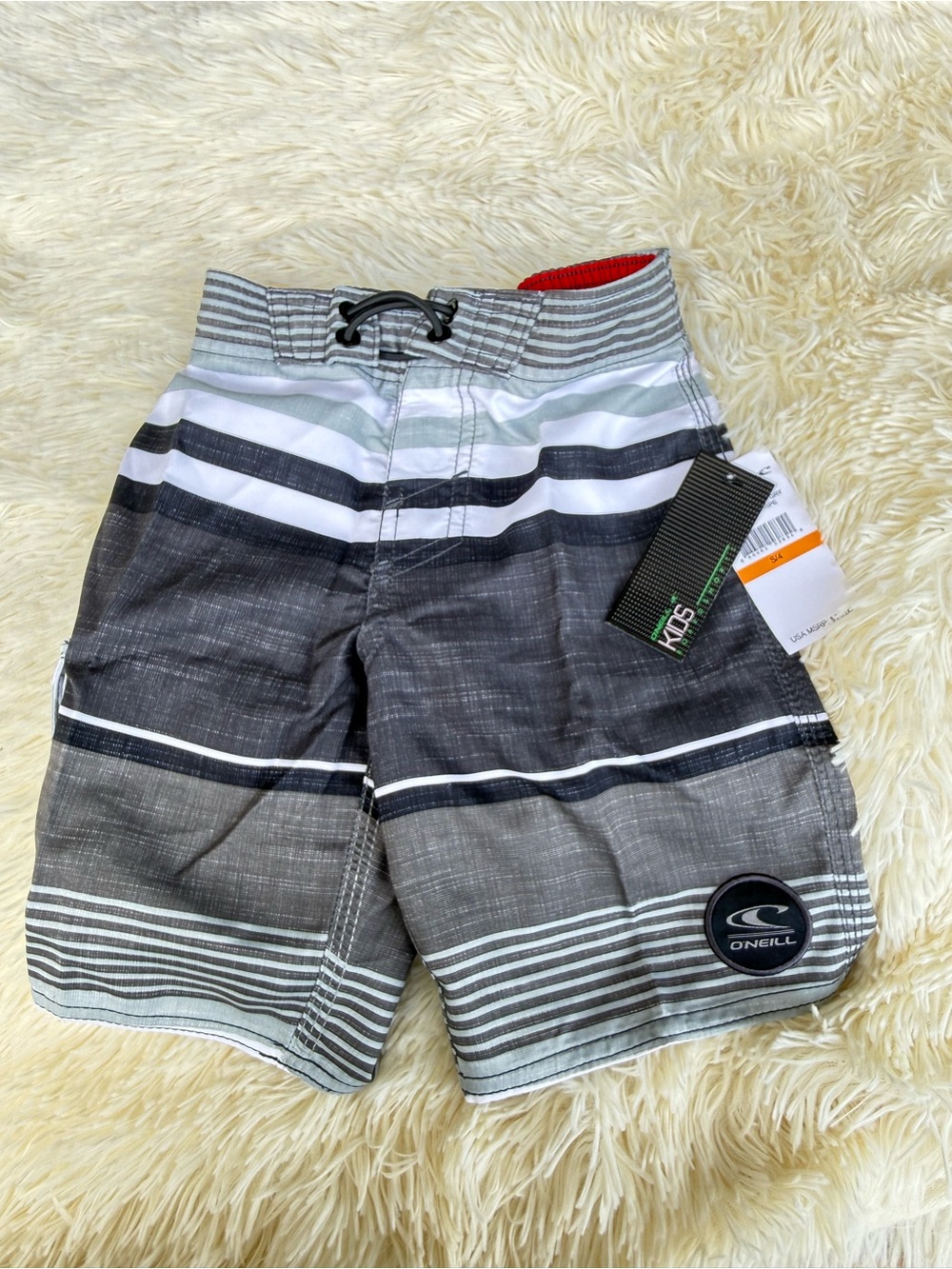 O'Neill Gray and White Striped Boys Board Shorts